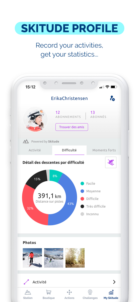 NPY Skitude app user profile screen showing ski distance statistics and descent difficulty breakdown chart