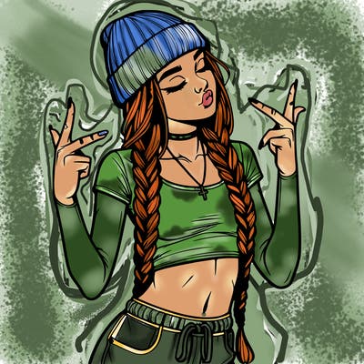 realistic teenage girl with braids and a beanie and crop top doing 🫶🏼