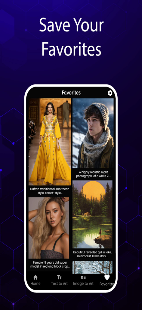 Adult Ai Art Generator - 성인 AI 아트 생성기 앱의 즐겨찾기 섹션. 저장된 디지털 아트워크 표시