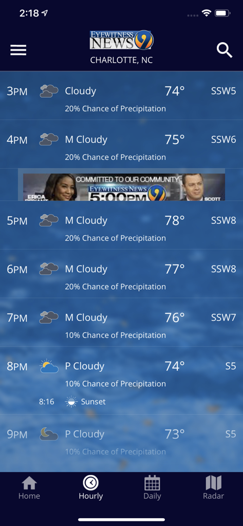 WSOC TV Channel 9 Weather App hourly forecast for Charlotte North Carolina