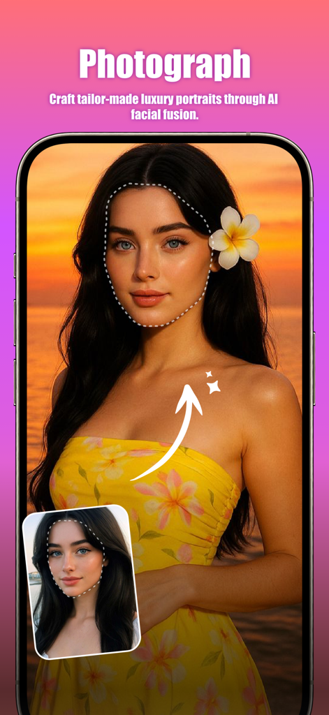 Savia AI: Style Swap&Fun Video - Savia AI app interface showing the facial fusion feature to create luxury portraits.