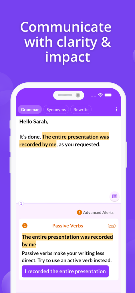 Proofreader: AI Grammar Check - Proofreader app correcting passive voice to active voice for clearer communication
