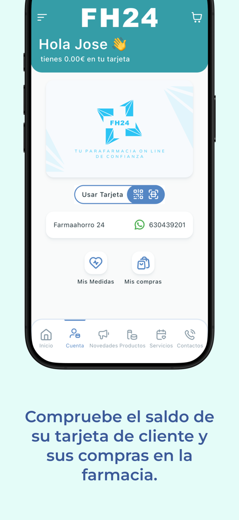 Farmahorro24 - Interfaccia dell'app Farmahorro24 che mostra il saldo della tessera fedeltà del cliente e la cronologia degli acquisti in farmacia