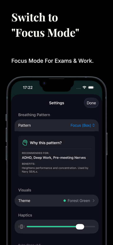 Pulse Sleep - Pulse Sleep app interface displaying Focus Mode settings for box breathing and productivity