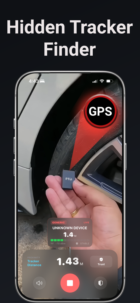 SYXO : Camera Tracker Detector - Interface do aplicativo SYXO detectando um rastreador GPS oculto em um carro