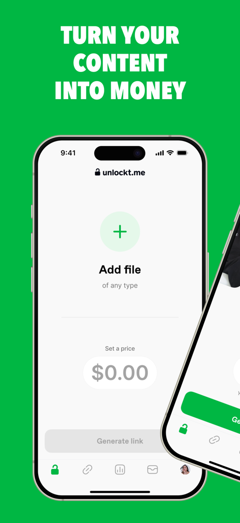 Interface de l'application Unlockt sur l'écran d'un smartphone montrant les options d'ajout de fichier et de définition du prix pour les créateurs de contenu