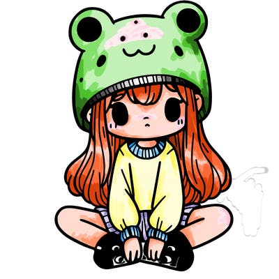 a girl wearing a frog hat and some frog socks