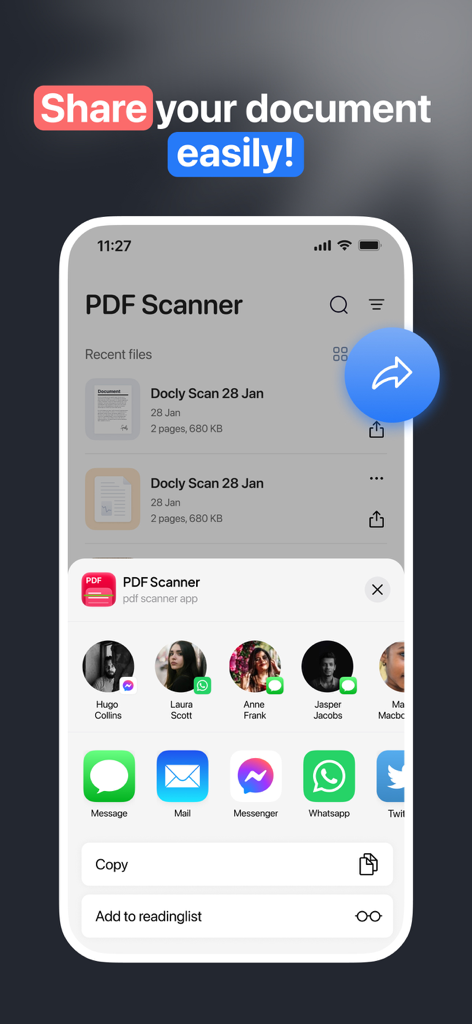 PDF Scanner: Photo JPG to PDF - Una captura de pantalla de la aplicación PDF Scanner mostrando el menú para compartir con opciones para enviar documentos a través de varias plataformas como correo electrónico y WhatsApp.