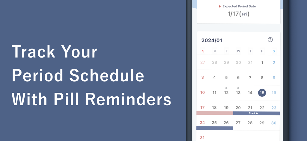 Pilll app interface displaying a monthly calendar for tracking period schedules and birth control pill reminders
