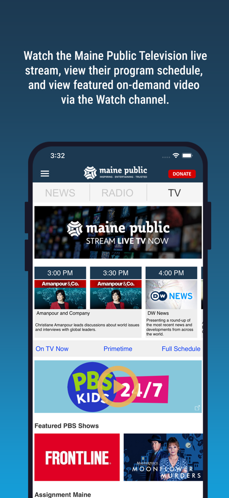 Maine Public Broadcasting App TV screen showing live stream options and program schedule