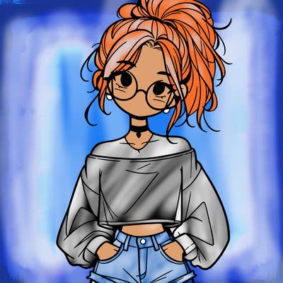 girl with a messy ponytail glasses a baggy crop top and jean shorts