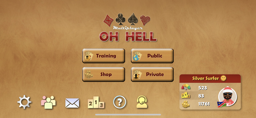 Oh Hell Online - Main menu interface of the Oh Hell Online card game with buttons for training and multiplayer matches.