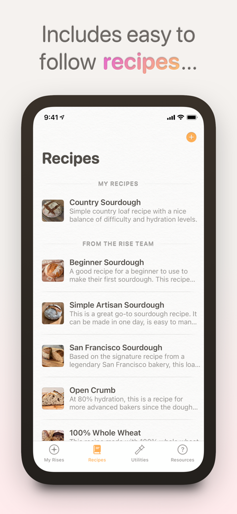 Rise: Baking & Bread Recipes - A mobile app interface showing a curated list of sourdough and artisan bread recipes with photos and descriptions