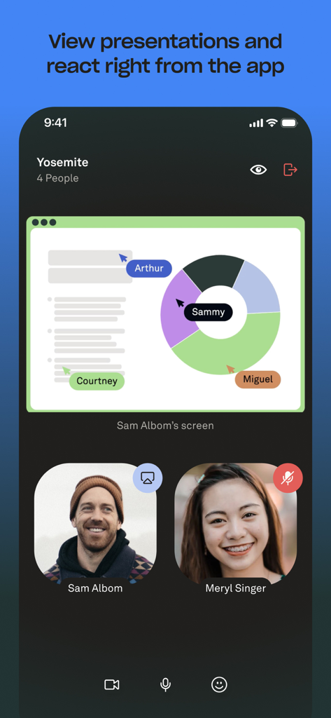 Interface do aplicativo Kumospace mostrando uma reunião virtual com uma apresentação compartilhada e feeds de vídeo dos participantes