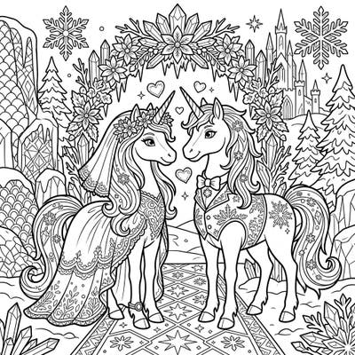 Step into a magical winter wonderland with this captivating Ice Unicorn Wedding coloring page. Adorn these elegant creatures and their frosty celebration with your favorite colors.