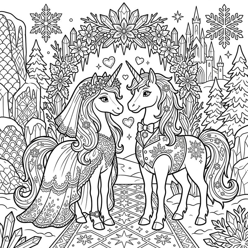 Step into a magical winter wonderland with this captivating Ice Unicorn Wedding coloring page. Adorn these elegant creatures and their frosty celebration with your favorite colors.