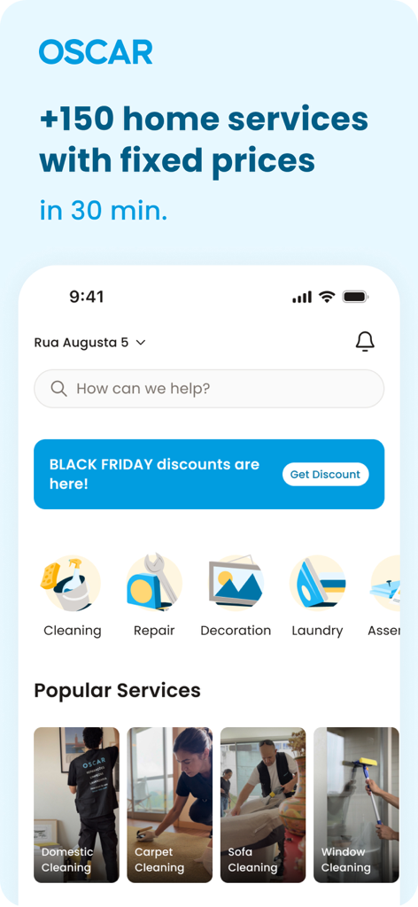 OSCAR: home services - OSCAR home services app interface showing categories for cleaning and repair with fixed prices.
