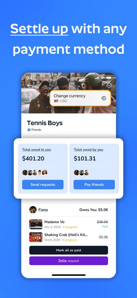 SplitIt: Group Bill Splitter - SplitIt app interface showing total balances owed to and by friends with payment request options