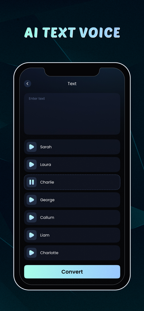 Smartphone mostrando la interfaz de conversión de texto a voz en la aplicación AI Voice Changer