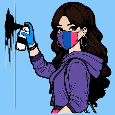 realistic girl with mask spray painting a wall