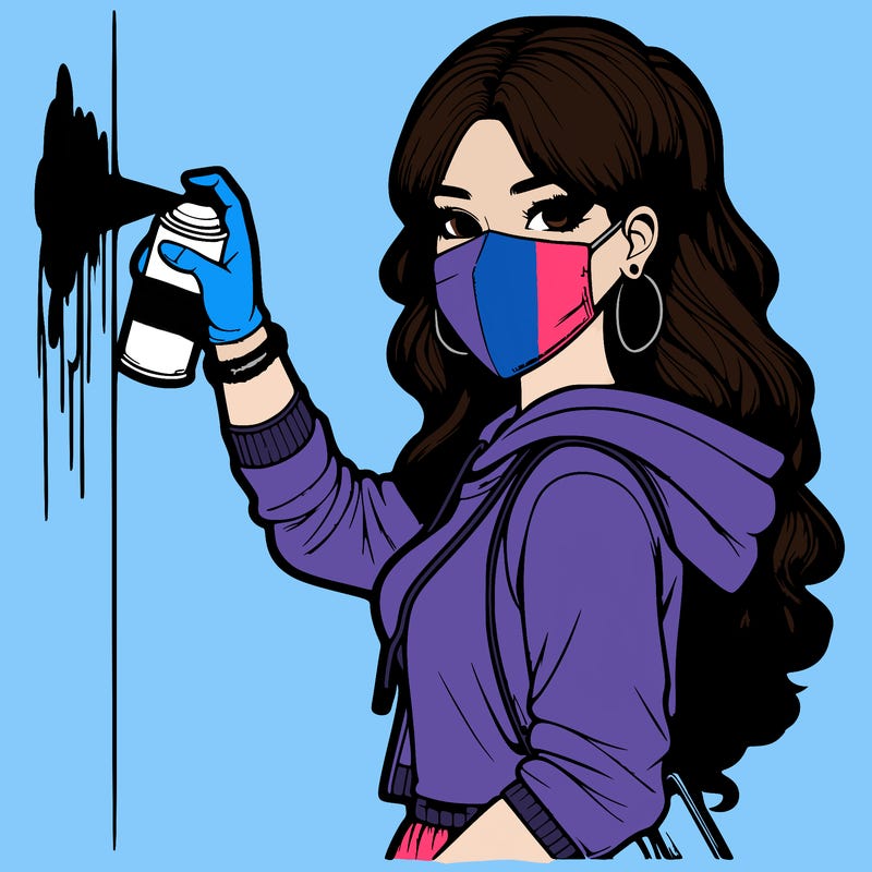 realistic girl with mask spray painting a wall