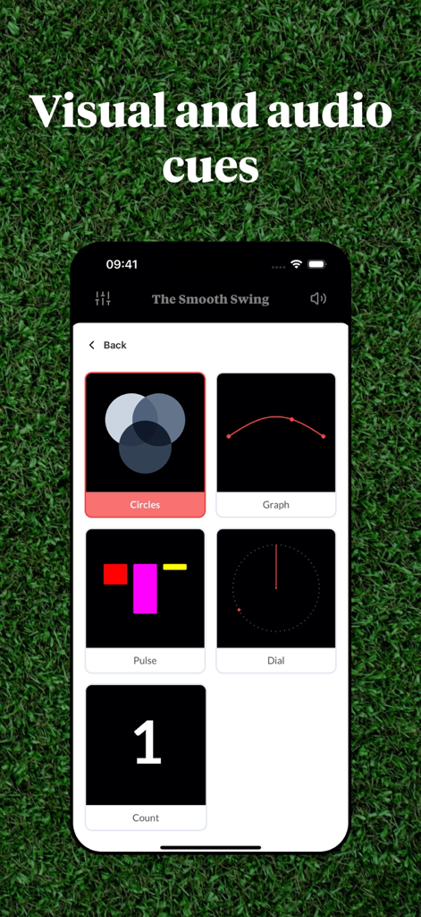 The Smooth Swing - Screen showing different visual and audio cue options like circles and graphs in the Smooth Swing app
