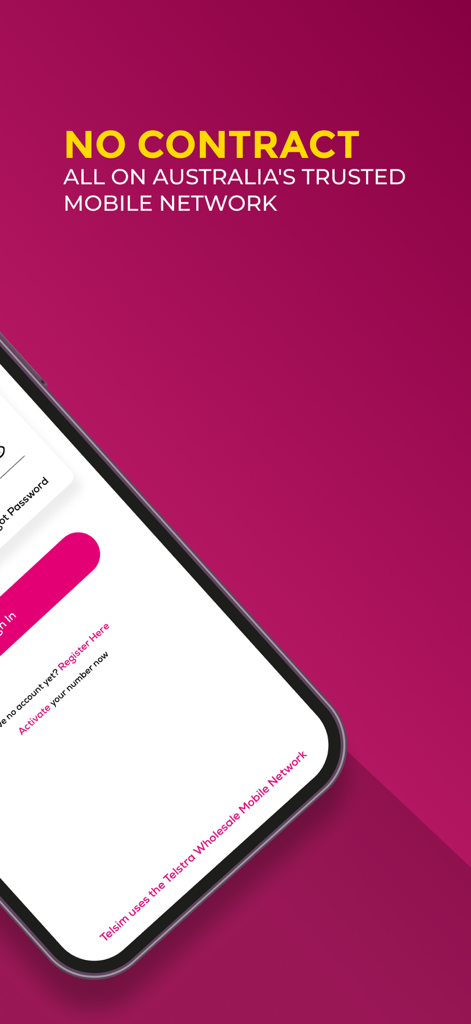My Telsim - My Telsim app login screen featuring no contract mobile network services