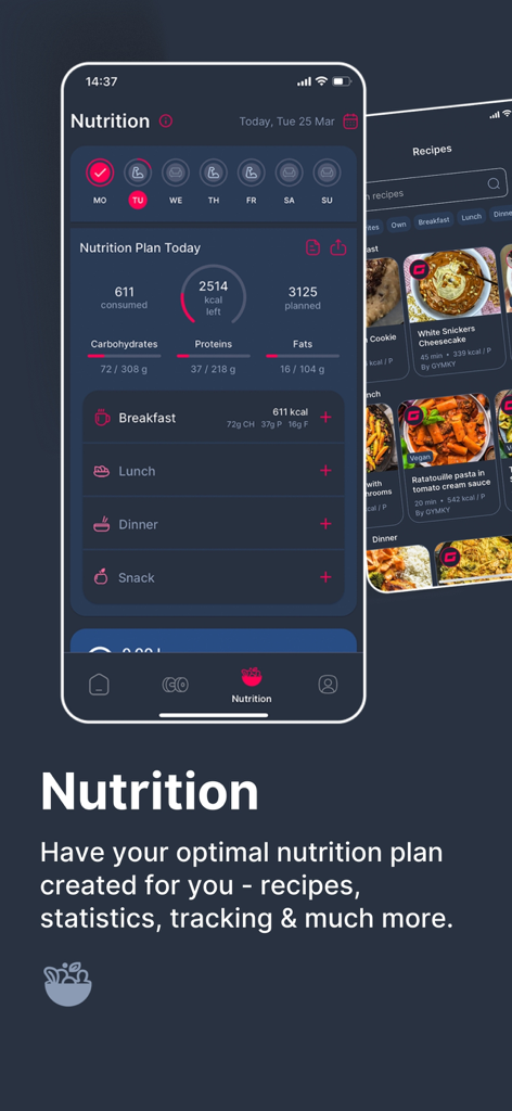 GYMKY - Fitness & AI Nutrition - GYMKY app nutrition interface showing calorie tracking macro statistics and healthy recipes