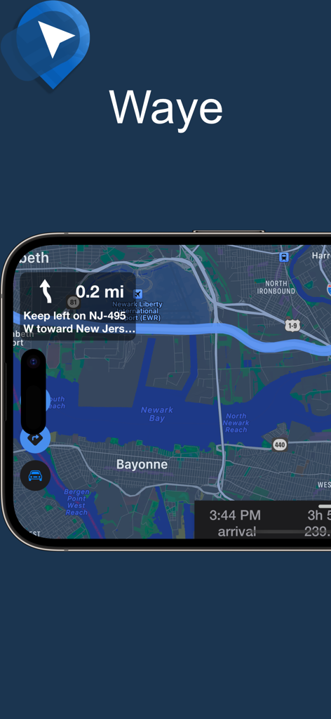 La aplicación de navegación Waye muestra indicaciones de conducción en un mapa en modo horizontal