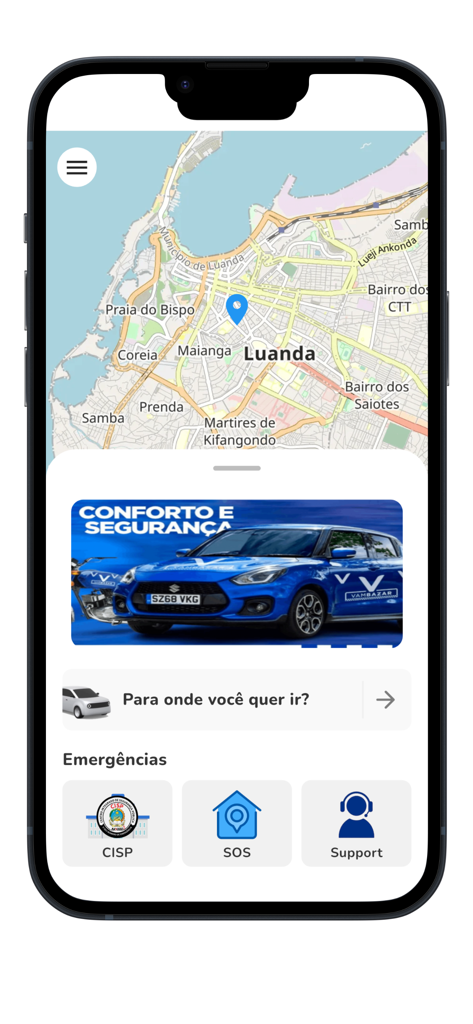 Vambazar - Vambazar app home screen featuring a map of Luanda and ride request options