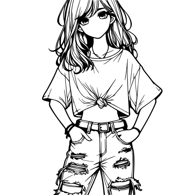 a girl with ripped jeans a t-shirt realistic