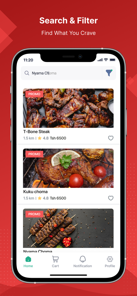 Sasa Food - Sasa Food app interface showing a search and filter screen with photos of various grilled meat dishes and prices