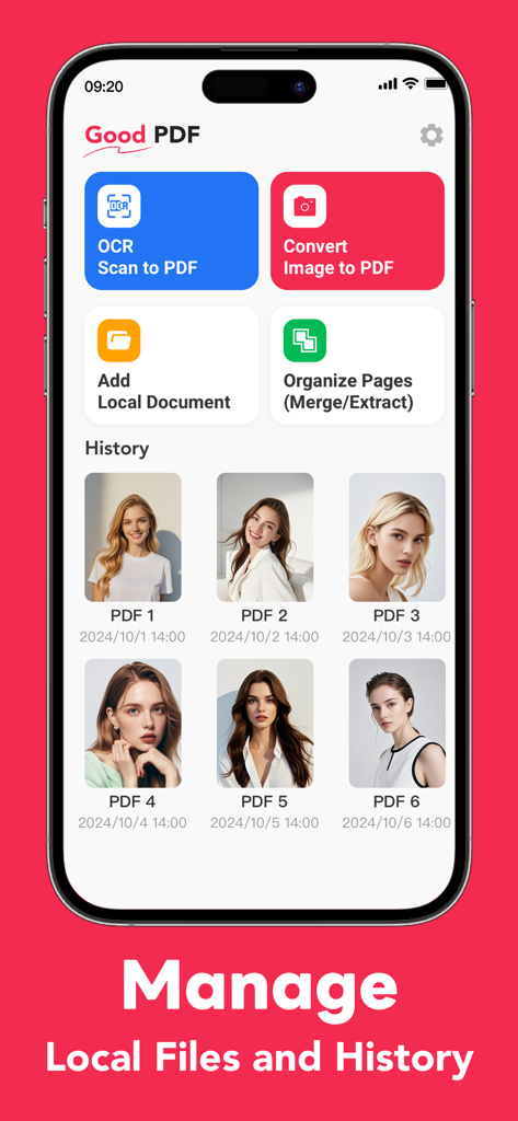Good PDF Reader Scanner Editor - Tela inicial do aplicativo Good PDF mostrando ferramentas de gerenciamento de documentos e histórico de arquivos