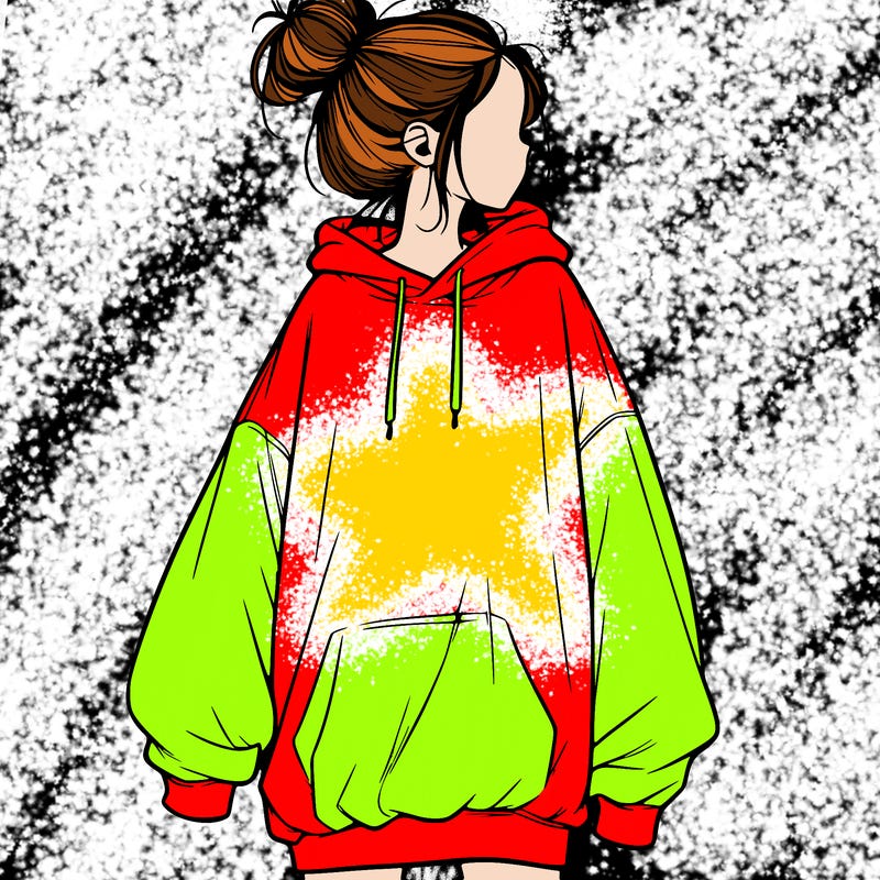 realistic girl with a oversized sweatshirt on and a bun