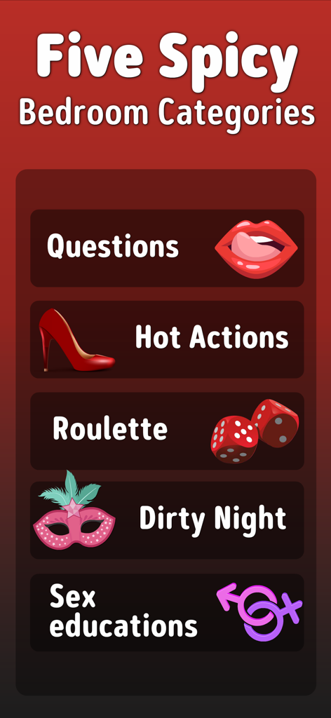 Sex Roulette - Intimasutra - Ein Menübildschirm, der fünf scharfe Schlafzimmer-Spielkategorien für Paare anzeigt, einschließlich Fragen, heiße Aktionen und Roulette.