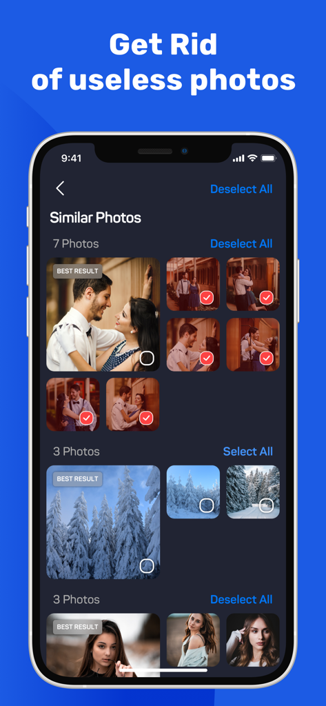 Fast Cleaner: Clean Storage - Interface of Fast Cleaner showing similar photos grouped together with the best result highlighted for storage management