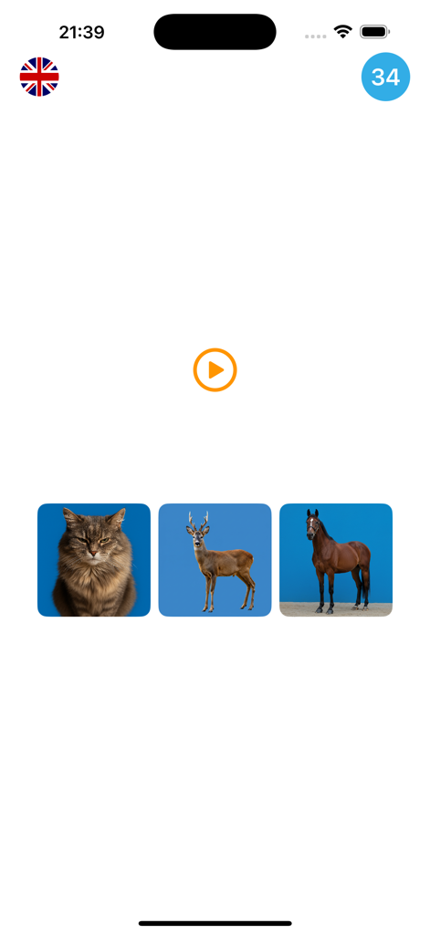 Animal Voice Challenge - Interfaz de juego de la aplicación Animal Voice Challenge mostrando fotos de un gato, un ciervo y un caballo.