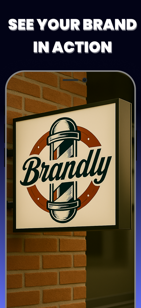 Logo Maker AI - Brandly - Mobile app showing an AR mockup of a barber shop logo on a storefront sign