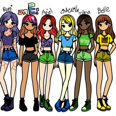 a group of girls wearing crop tops and shorts