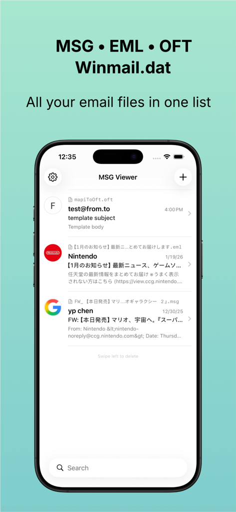Aplicación MSG Viewer mostrando una lista de archivos de correo electrónico de Outlook en un iPhone