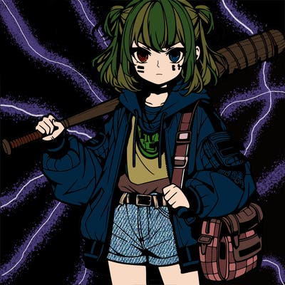an anime girl with a baseball bat and streetwear
