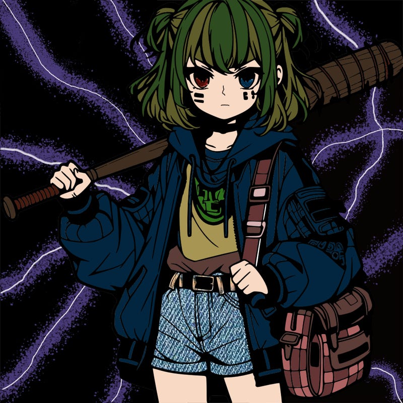 an anime girl with a baseball bat and streetwear