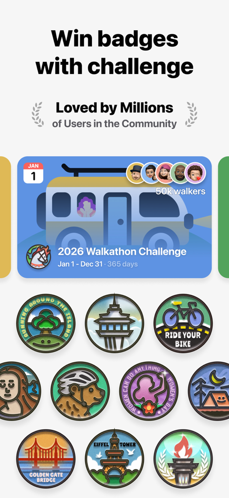 A screen from the GrowPal app showcasing a walkathon challenge and various colorful achievement badges for fitness goals.