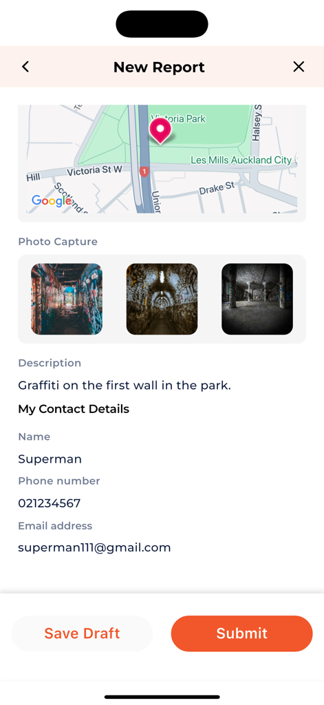 Mobile screen of the Antenno app showing a new report submission with a map location and photos of graffiti