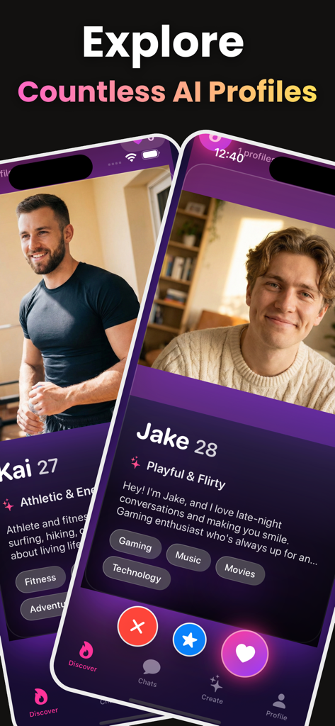 Mobile screen showing profiles of AI boyfriends for romantic roleplay and discovery