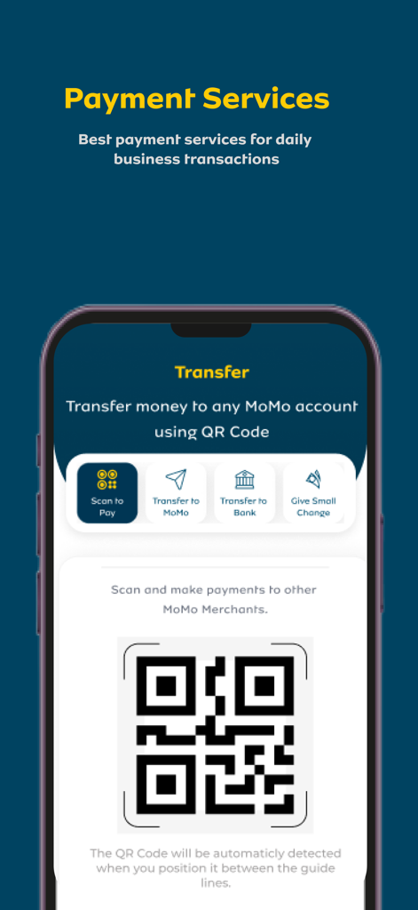 MoMo PSB Business - Interfaz de la aplicación MoMo PSB Business que muestra servicios de pago con un código QR para transferencias de dinero.