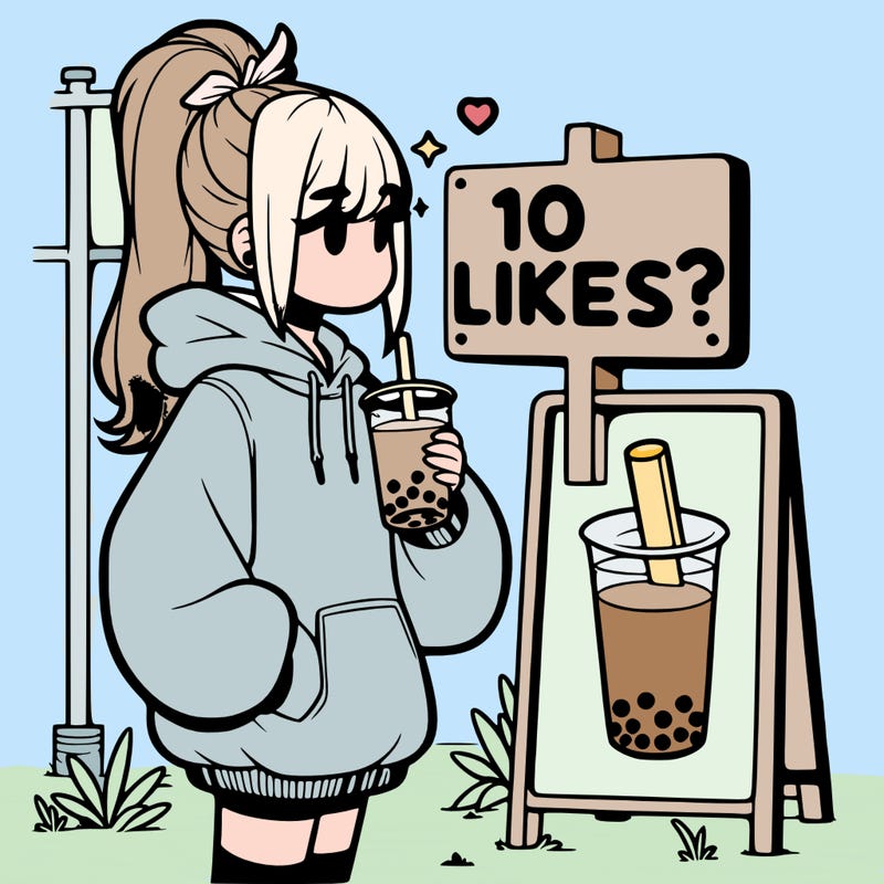girl with oversized hoodie drinking boba and she has a high ponytail with a sign that says 10likes?