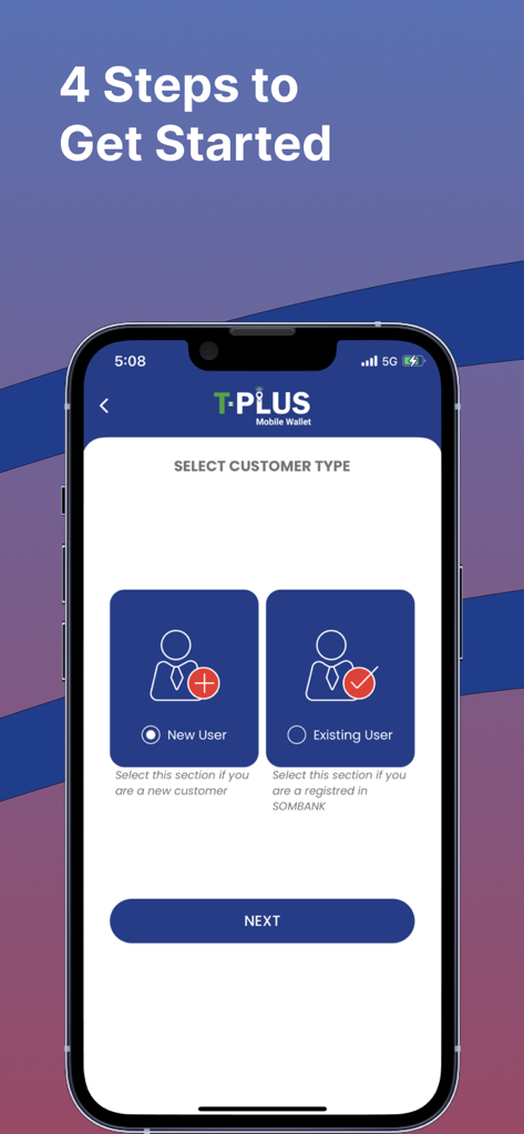 T-Plus - T-Plus mobile wallet onboarding screen showing selection for new or existing SomBank customers