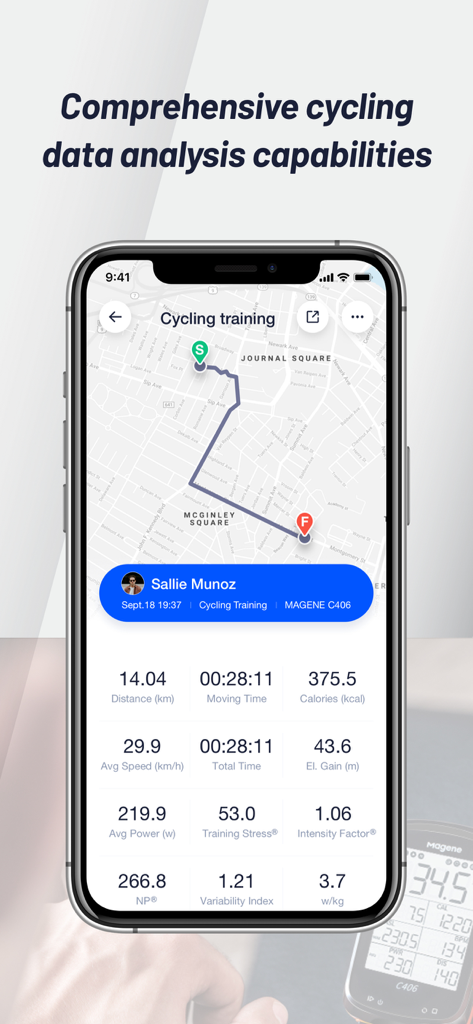 OnelapFit app screen showing a cycling training summary with a GPS map route and detailed performance metrics