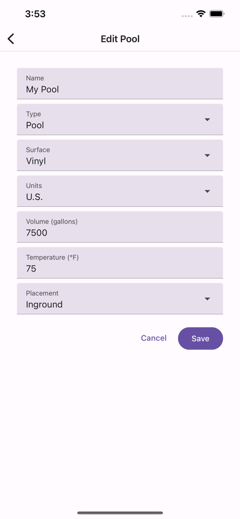 Interface of the Pool-Calculator app showing the Edit Pool settings for volume and surface type